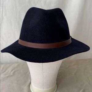 H&M Dark Navy Wool Hat with Brown Faux Leather Hatband.